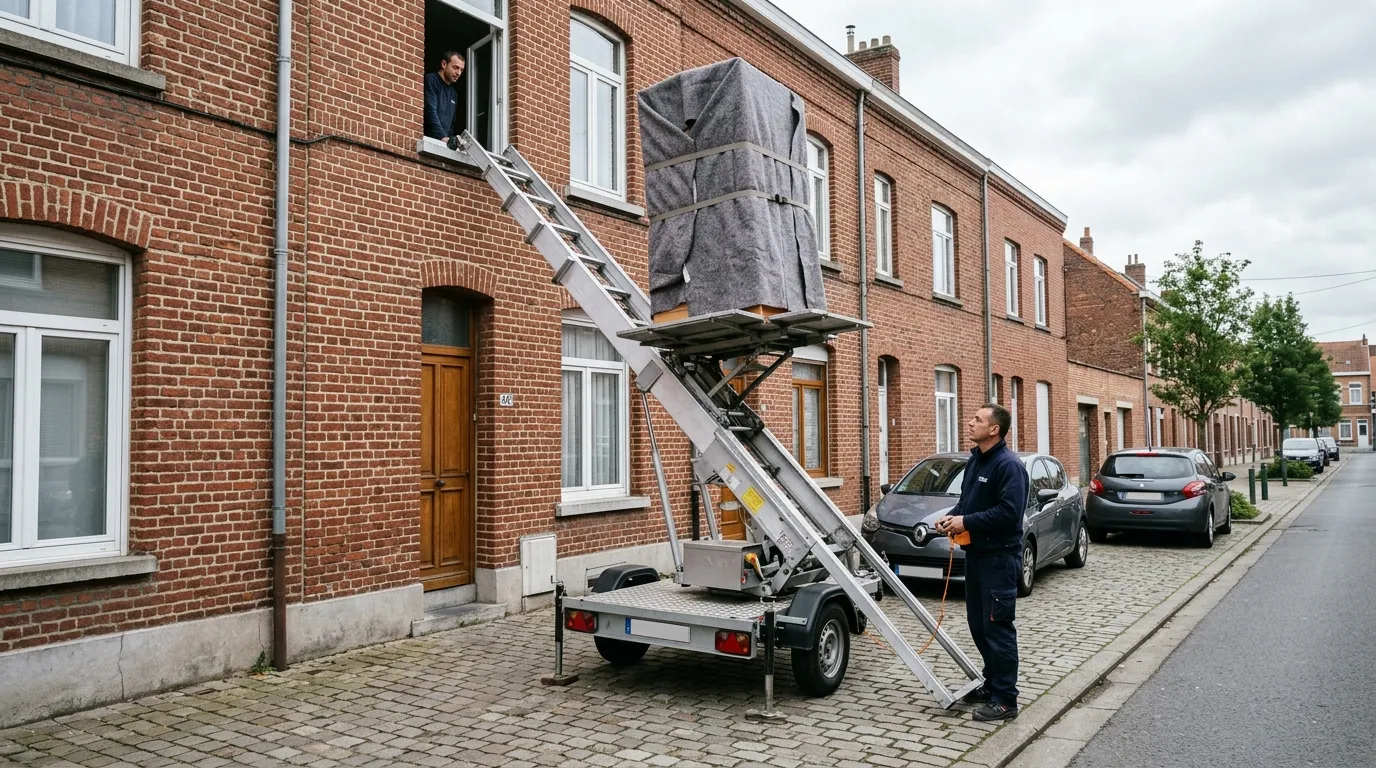 Monte-meuble à échelle hissant une armoire emballée vers l'étage d'une maison de ville en brique