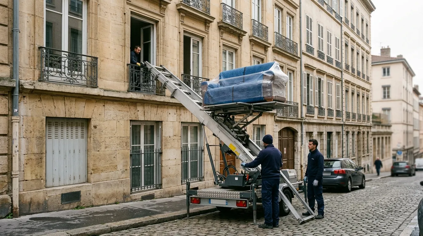 Monte-meuble sur remorque hissant un canapé emballé vers un appartement en étage d'un immeuble lyonnais