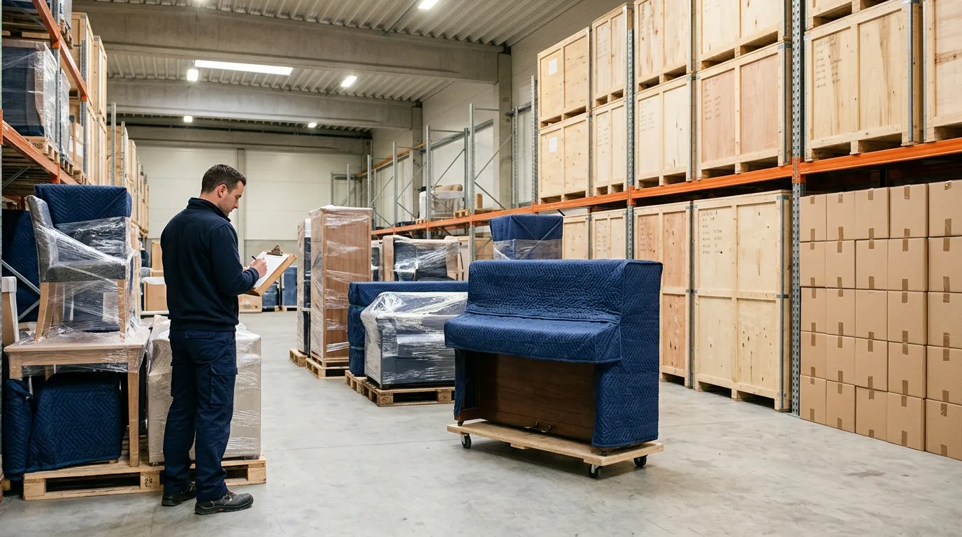 Entrepôt de garde-meuble avec caisses en bois, cartons et meubles protégés, dont un piano sous housse