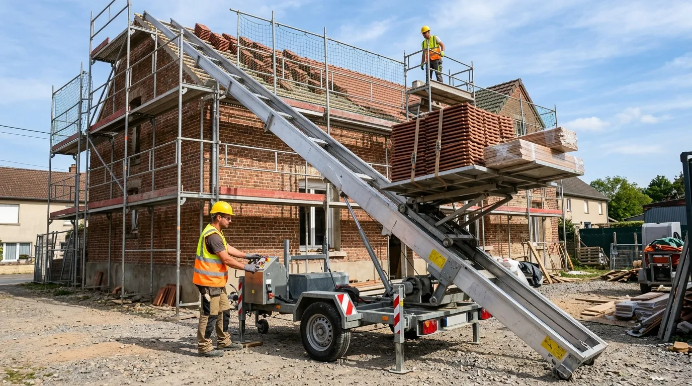 Monte-matériaux sur remorque montant des tuiles et du parquet jusqu'à la toiture d'une maison en brique en rénovation