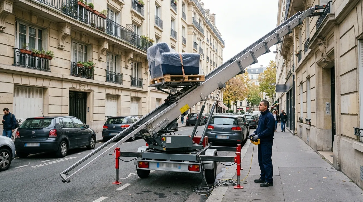 Monte-meuble sur remorque installé dans une rue de centre-ville, hissant un meuble emballé vers un appartement en étage